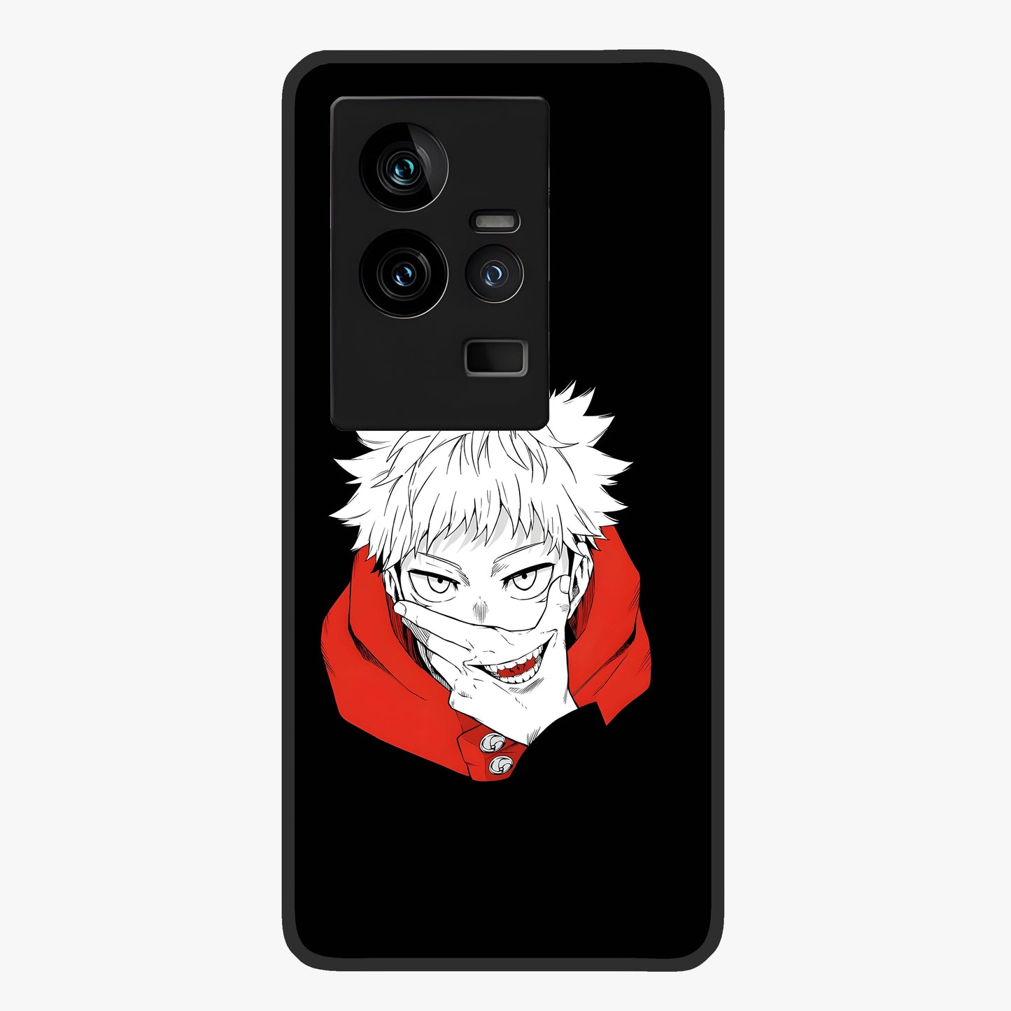 Crimson Chaos Smile Glass Case showing flat back view with bold chaotic smile artwork and glossy glass finish.