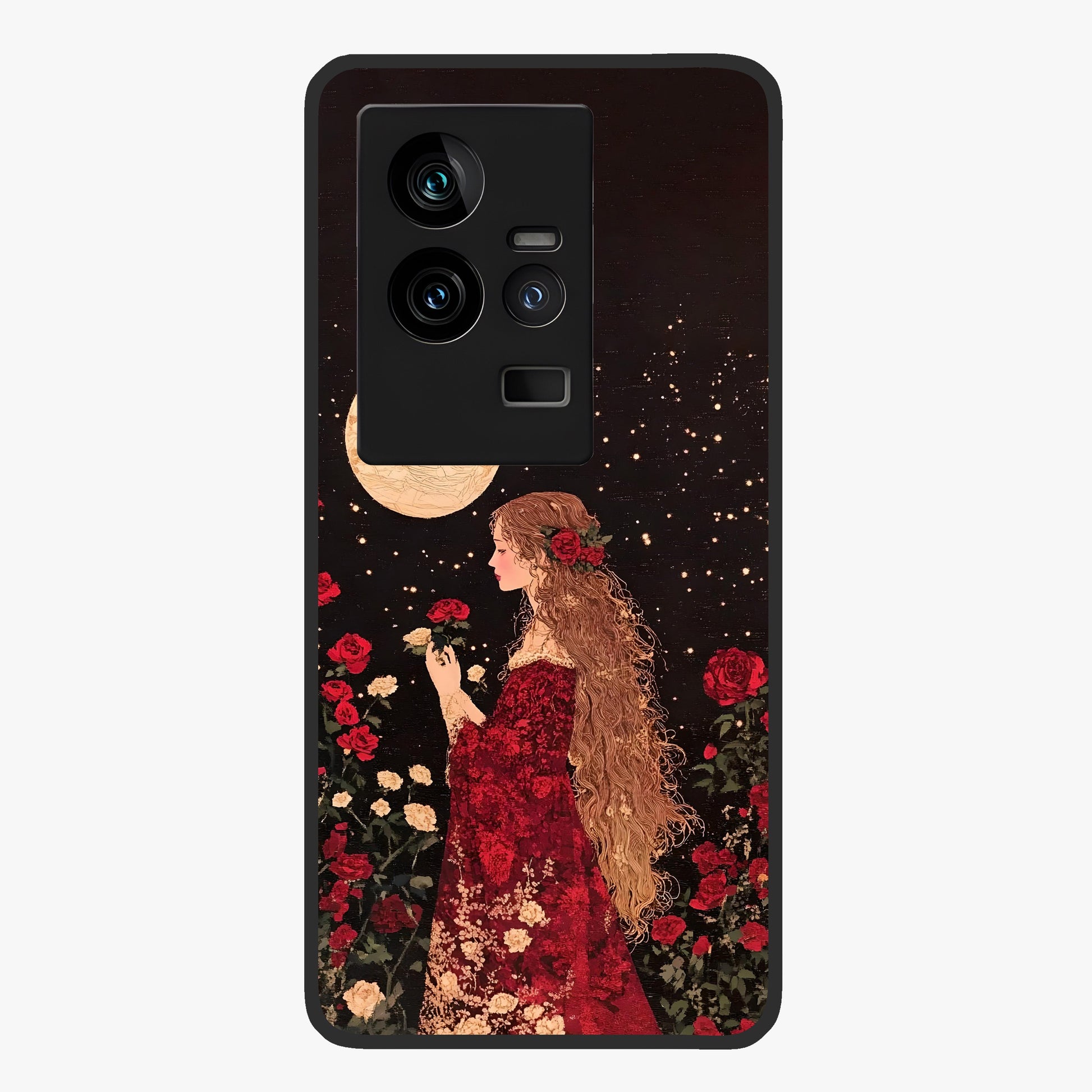 Crimson Dreams Glass Case showing flat back view with dreamy crimson artwork and glossy glass finish.