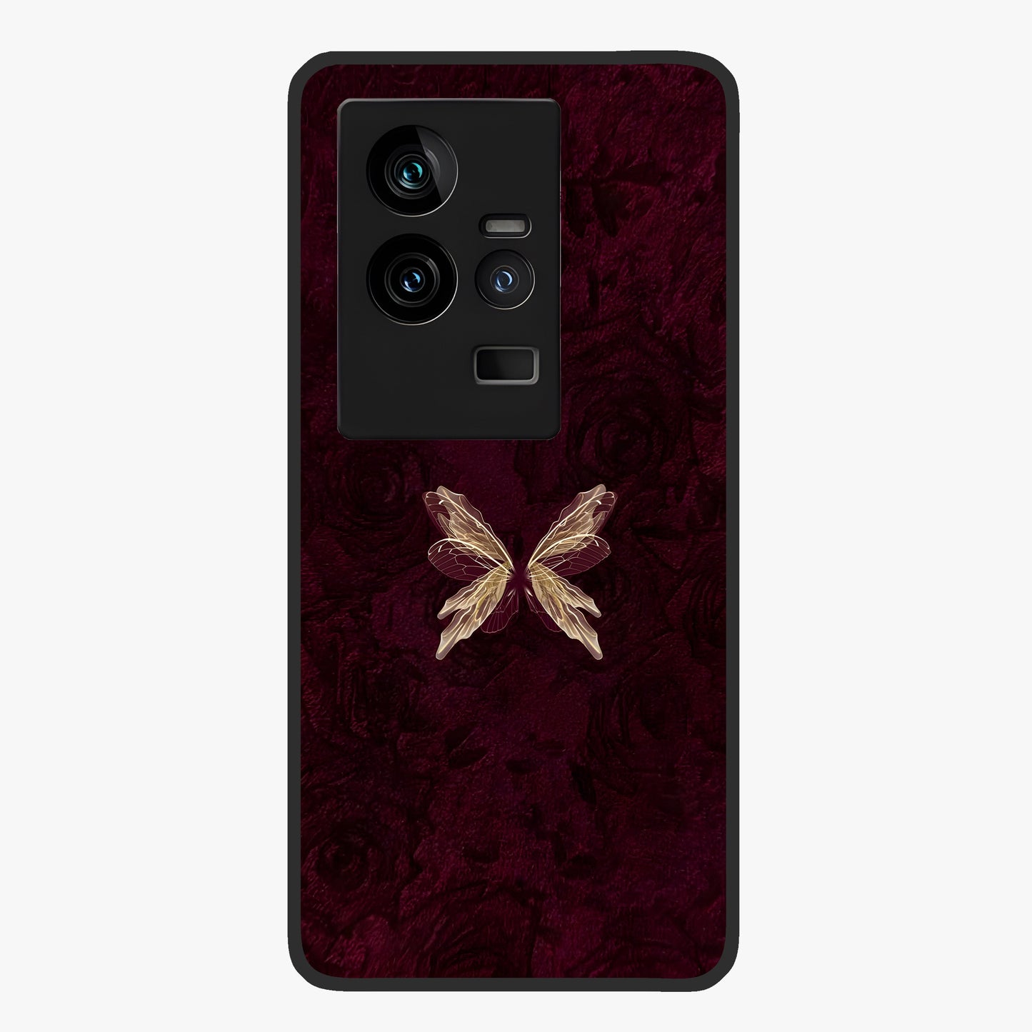 Crimson Fade Butterfly Glass Case showing flat back view with fading butterfly artwork and glossy glass finish.
