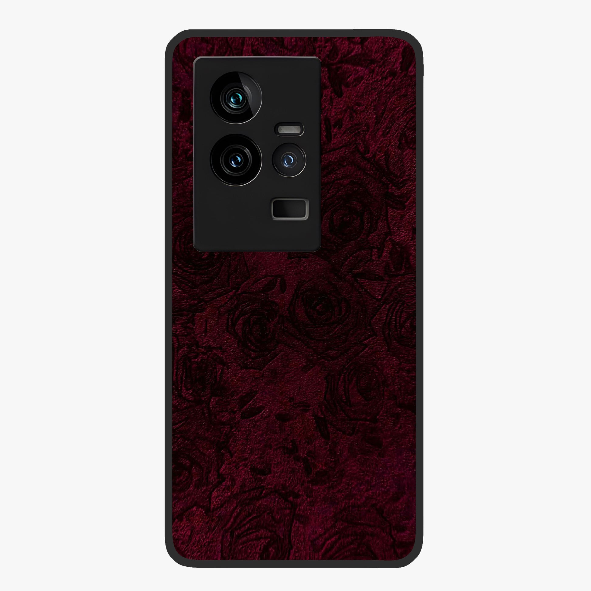 Crimson Fade Flow Glass Case showing flat back view with flowing crimson gradient artwork and glossy glass finish.