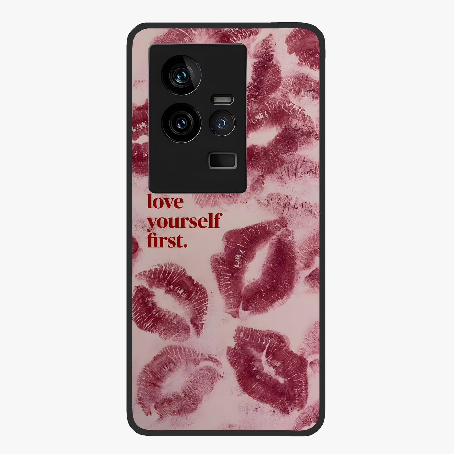 Crimson Kiss Love Glass Case showing flat back view with romantic crimson themed artwork and glossy glass finish.