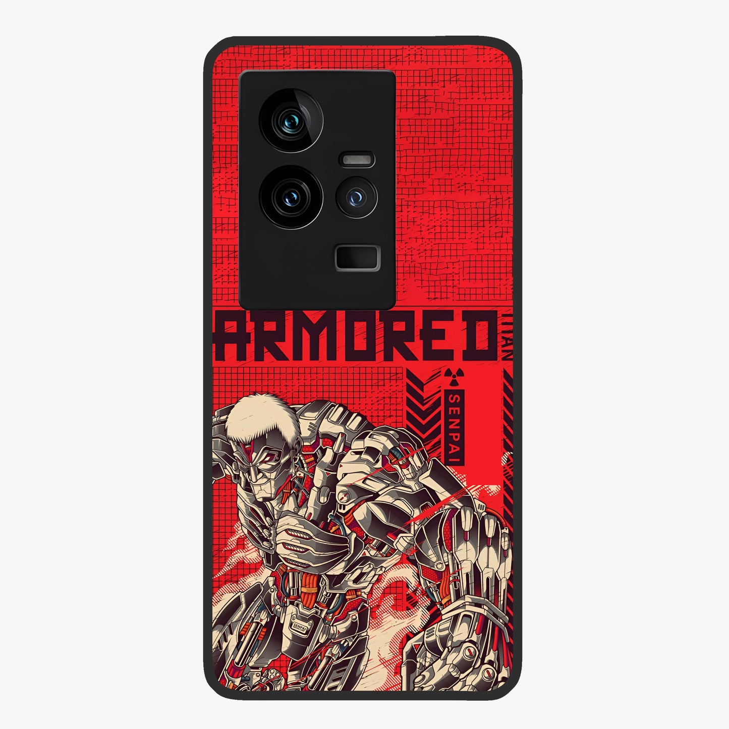 Crimson Mecha Titan Glass Case showing flat back view with powerful mech titan artwork and glossy glass finish.