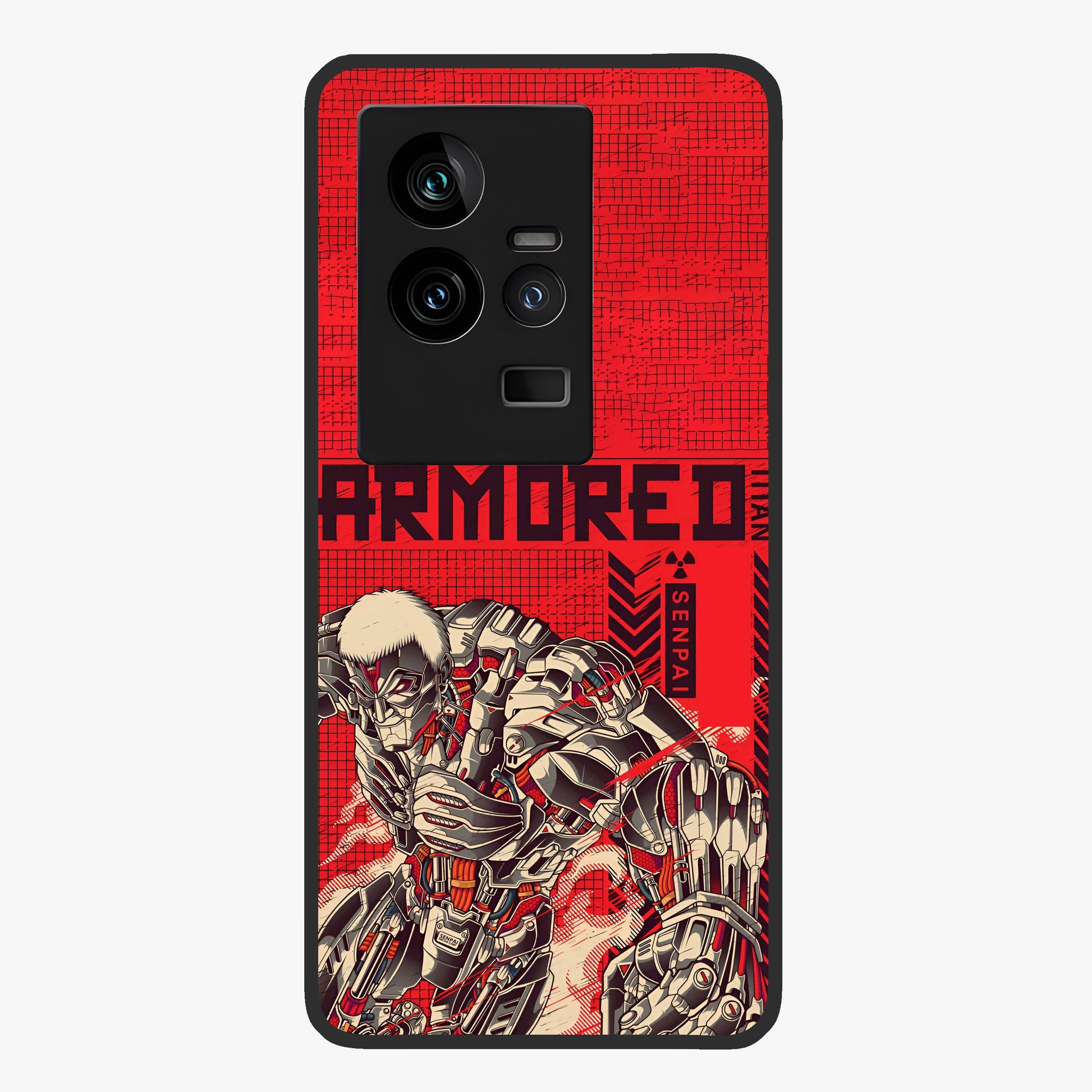 Crimson Mecha Titan Glass Case showing flat back view with powerful mech titan artwork and glossy glass finish.