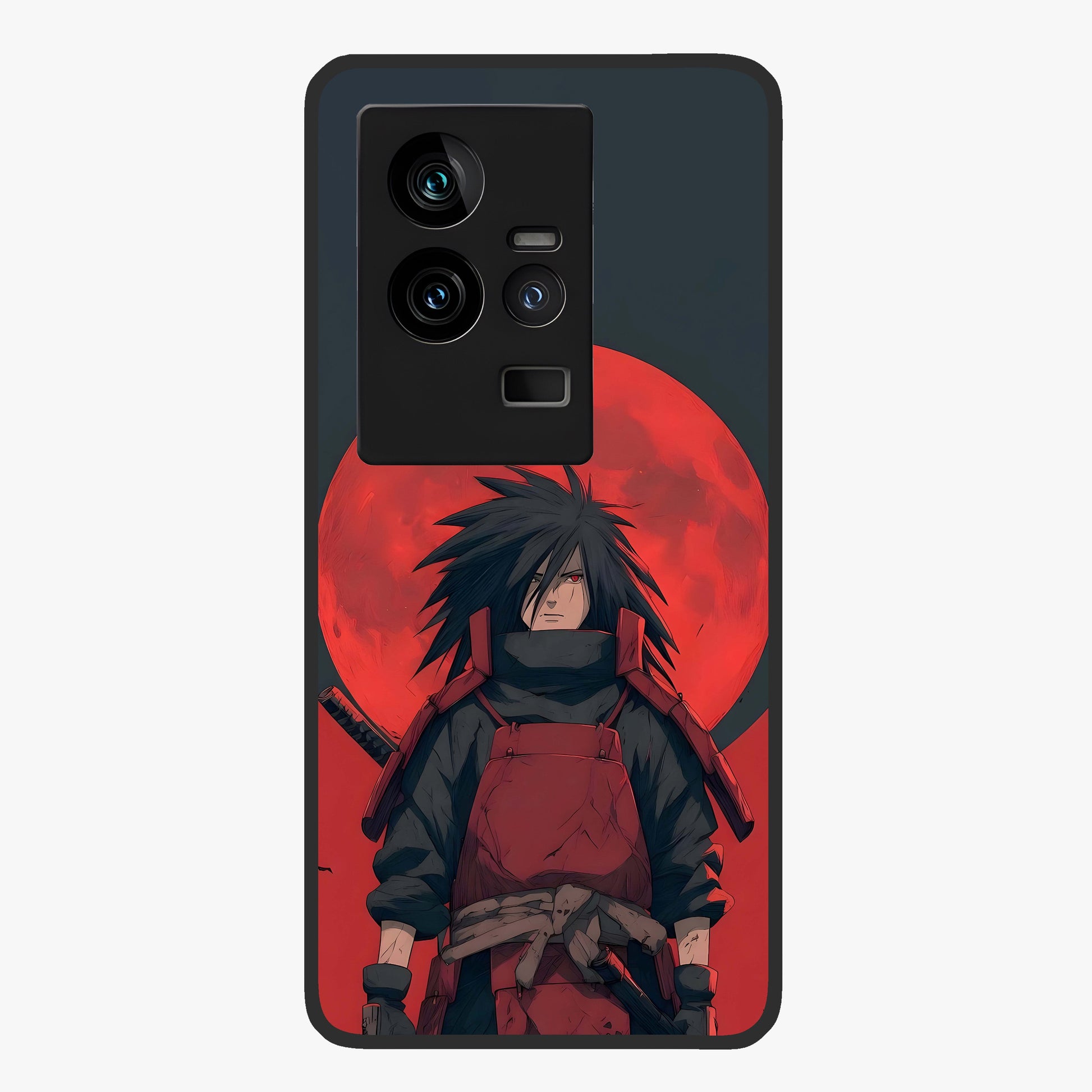 Crimson Moon Warlord Glass Case showing flat back view with mystical moon warrior artwork and glossy glass finish.