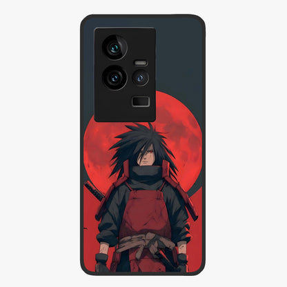 Crimson Moon Warlord Glass Case showing flat back view with mystical moon warrior artwork and glossy glass finish.
