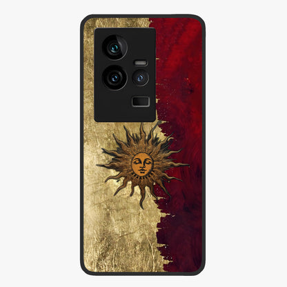 Crimson Sun Majesty Glass Case showing flat back view with radiant sun inspired artwork and glossy glass finish.