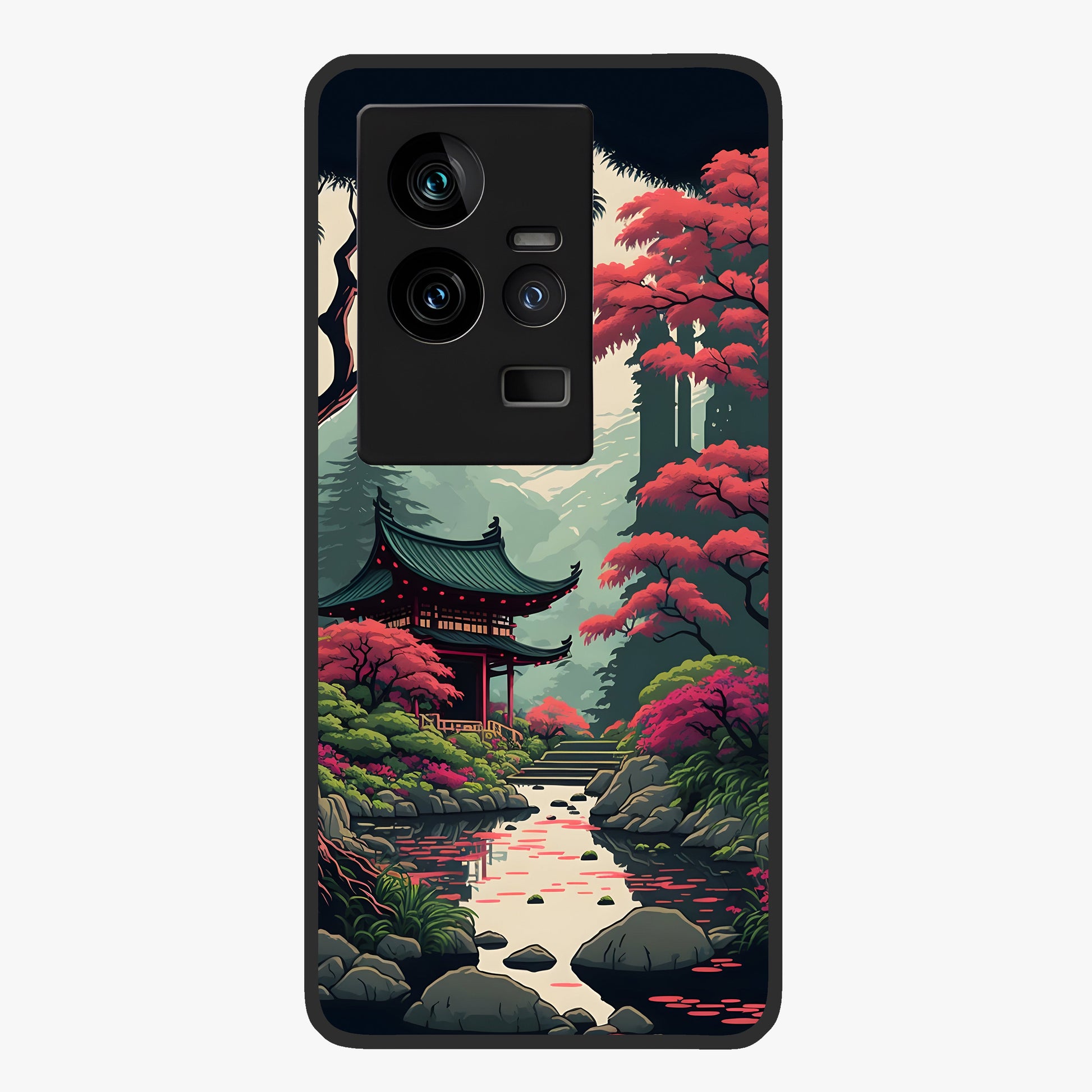 Crimson Temple View Glass Case showing flat back view with temple inspired artwork and glossy glass finish.