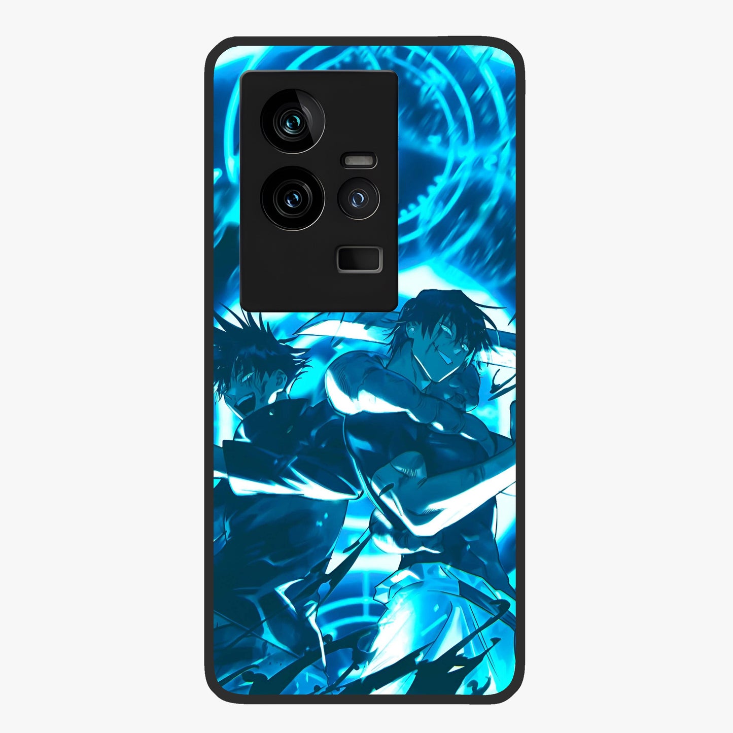 Cursed Energy Clash Glass Case showing flat back view with intense cursed energy artwork and glossy glass finish.