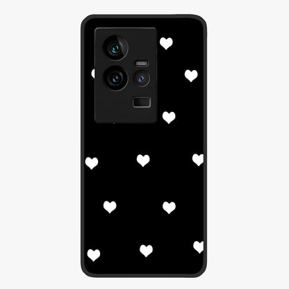 Cute And Simple White Hearts Glass Case showing flat back view with minimal white heart pattern and glossy glass finish.
