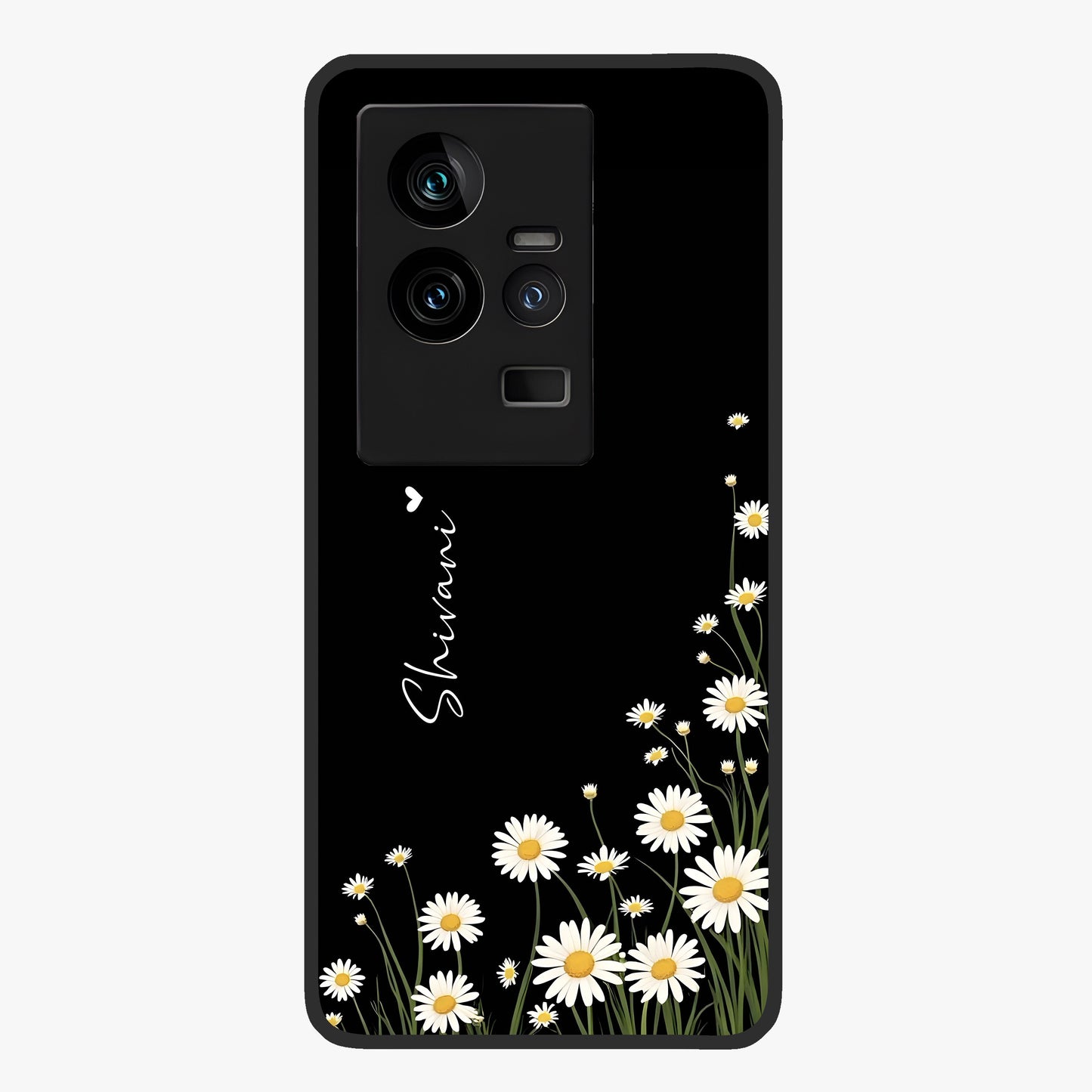 Daisy Cascade Custom Name Glass Case showing flat back view with cascading daisy flowers and personalized name design.