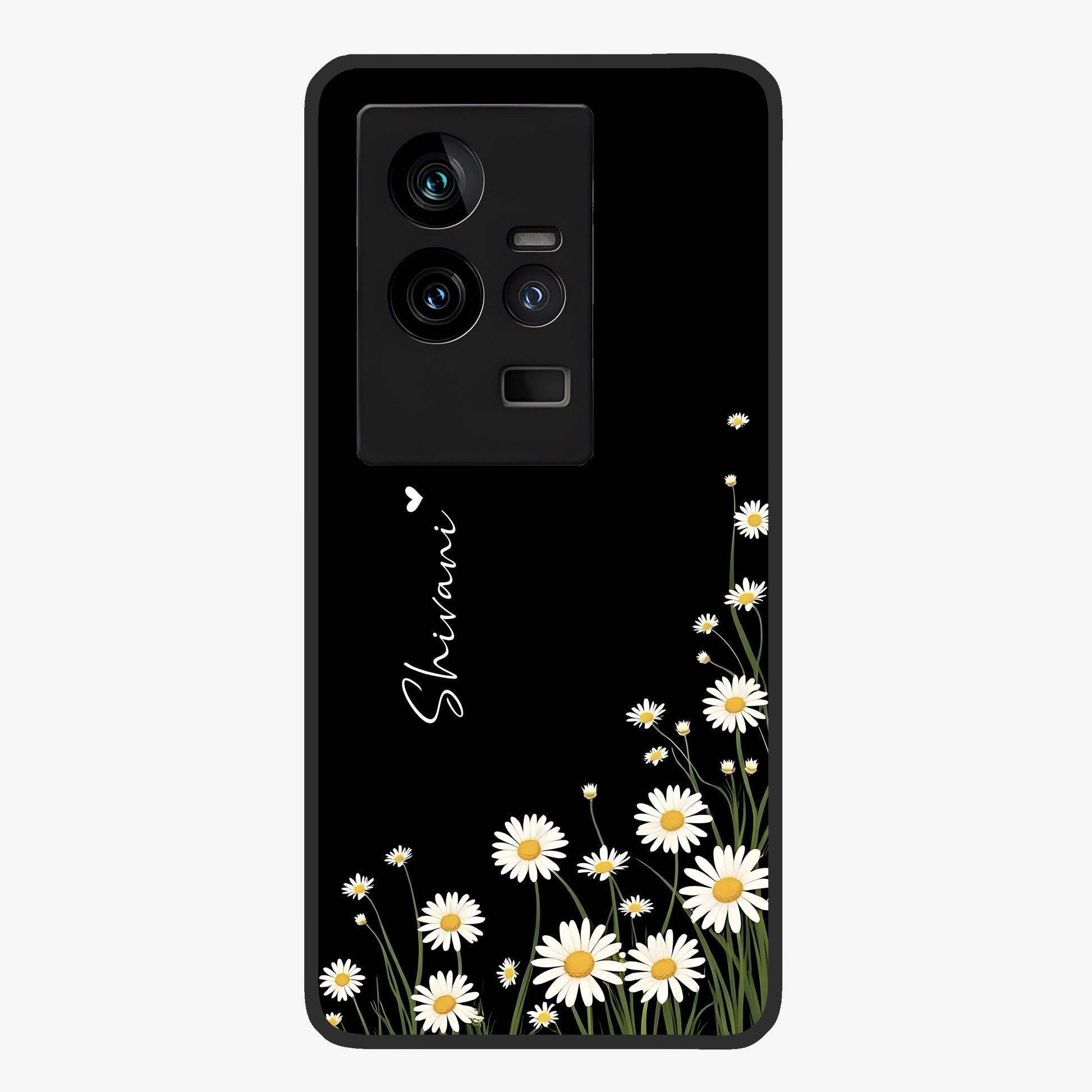 Daisy Cascade Custom Name Glass Case showing flat back view with cascading daisy flowers and personalized name design.