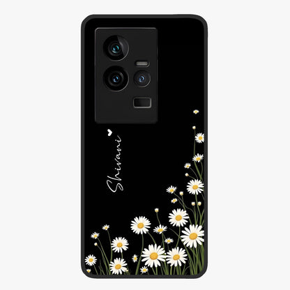Daisy Cascade Custom Name Glass Case showing flat back view with cascading daisy flowers and personalized name design.