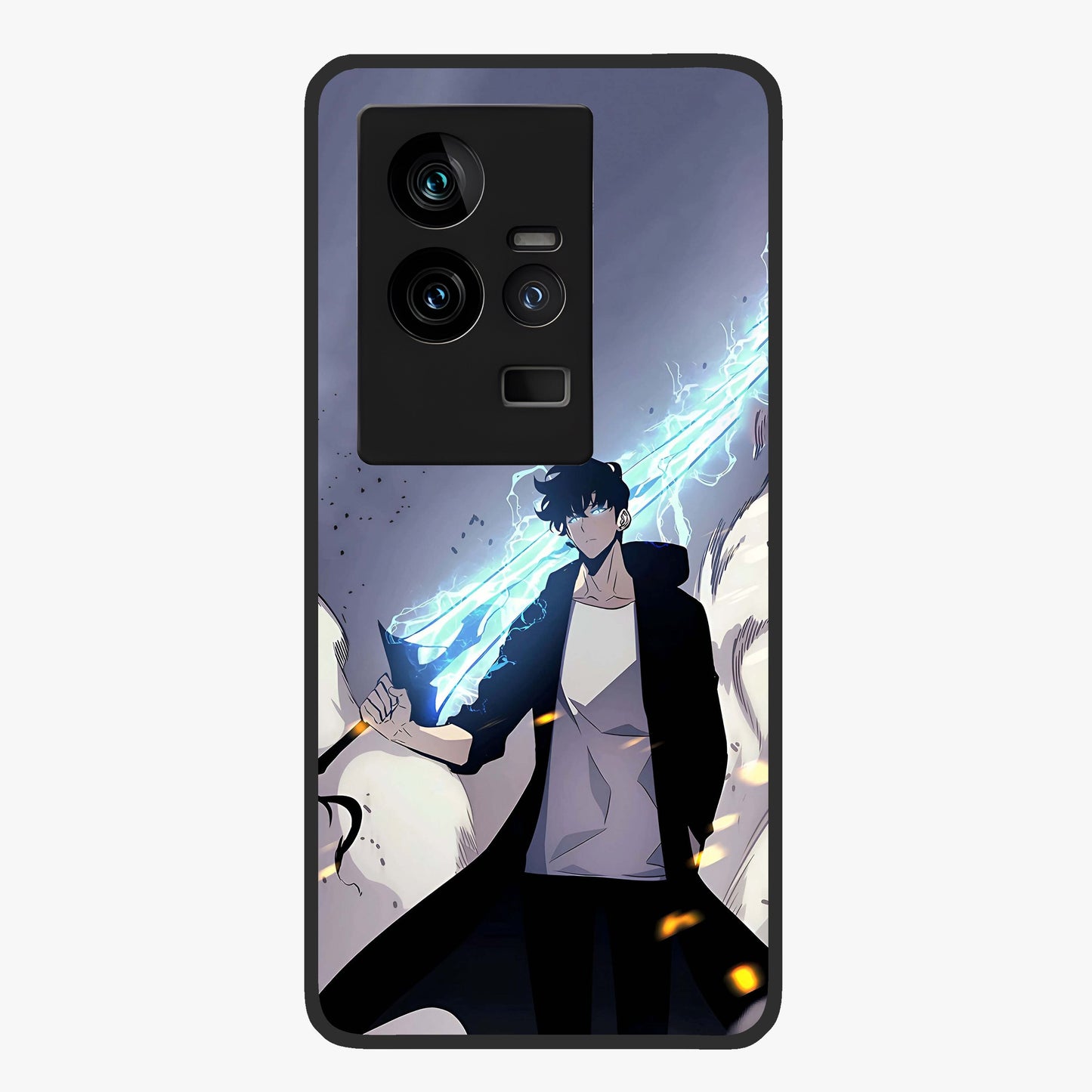 Dark Lightning Anime Warrior Glass Case showing flat back view with intense anime warrior artwork and glossy glass finish.