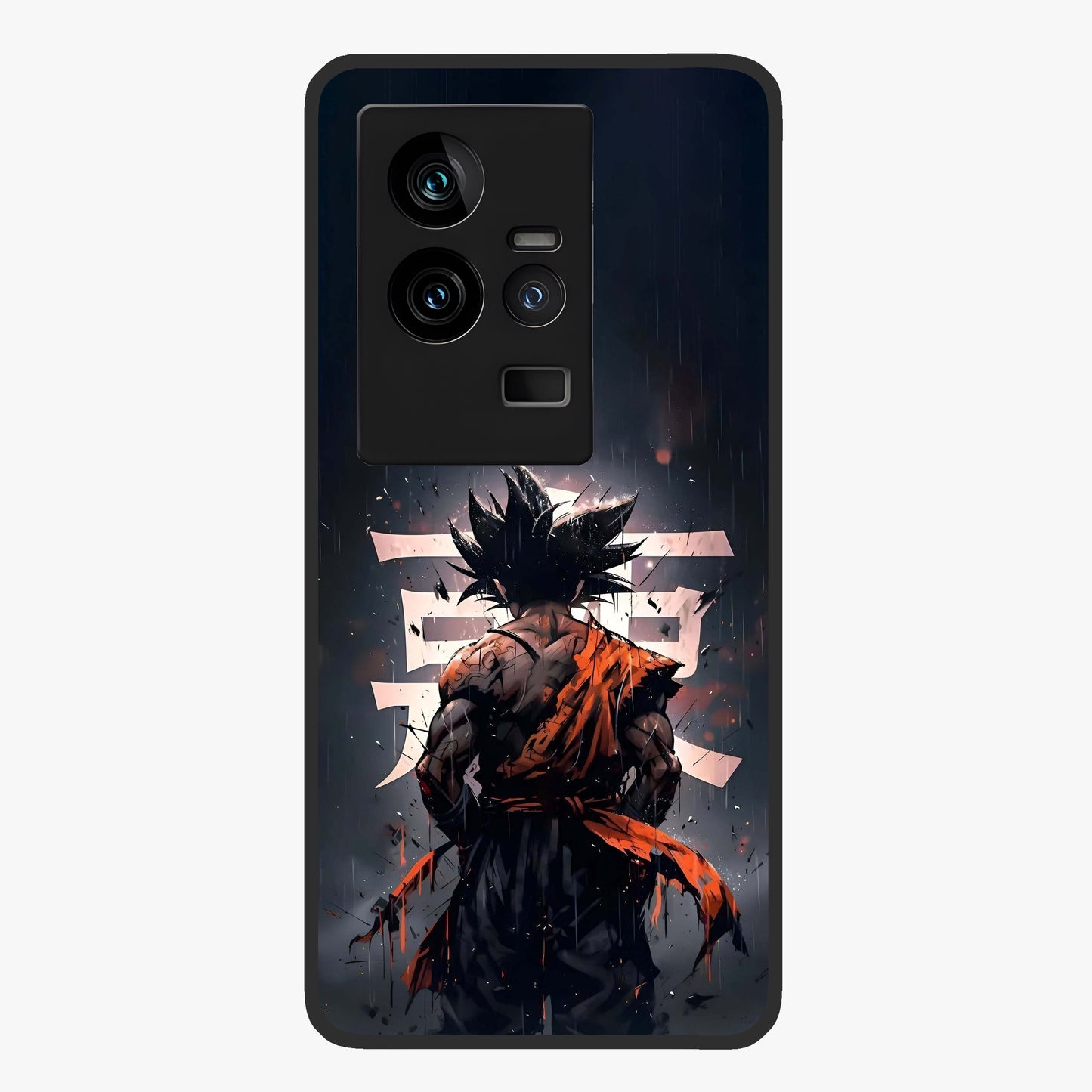 Dark Warrior In Rain Glass Case showing flat back view with warrior artwork in rainy atmosphere and glossy glass finish.
