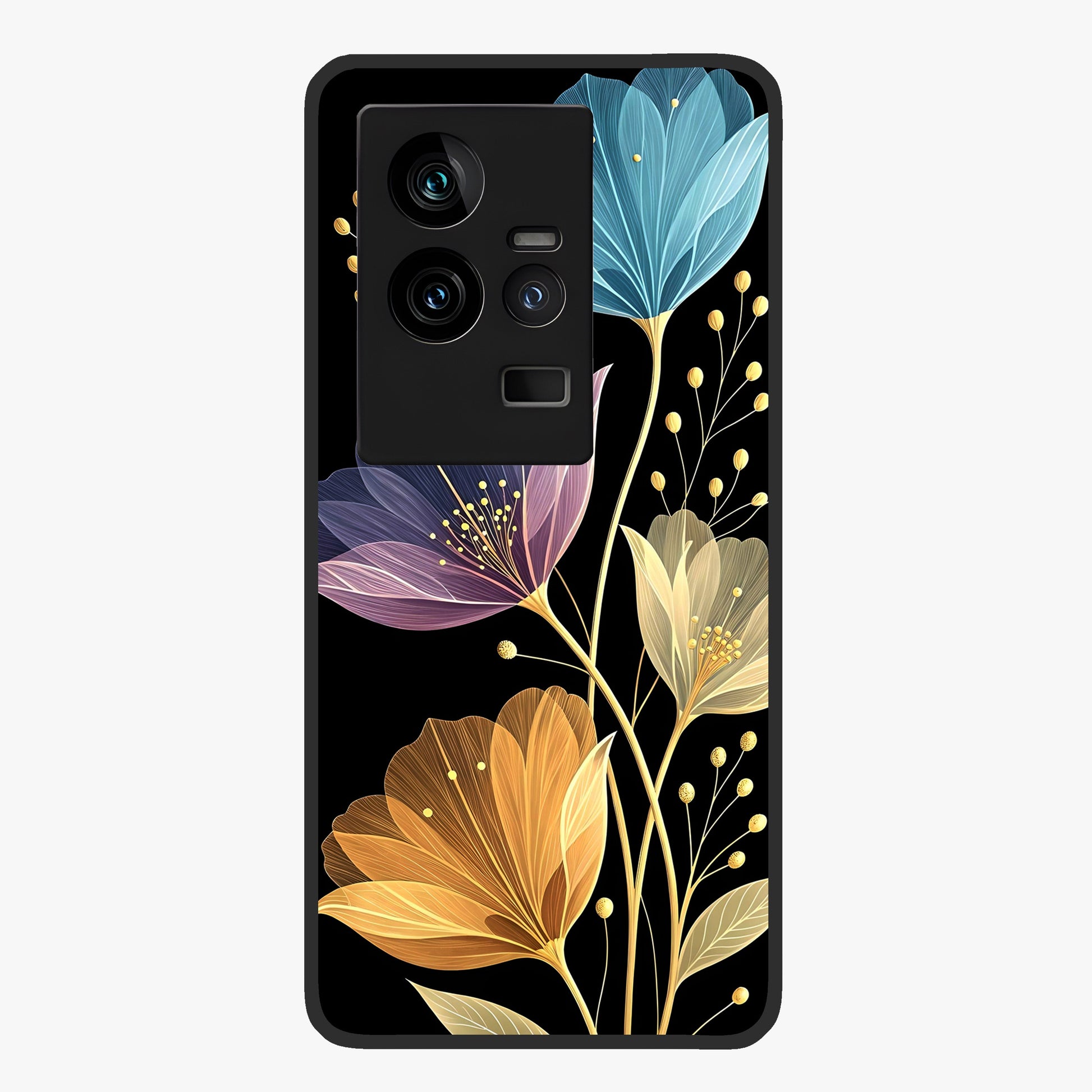 Delicate Multicolor Flowers Glass Case showing flat back view with vibrant floral artwork and glossy glass finish.
