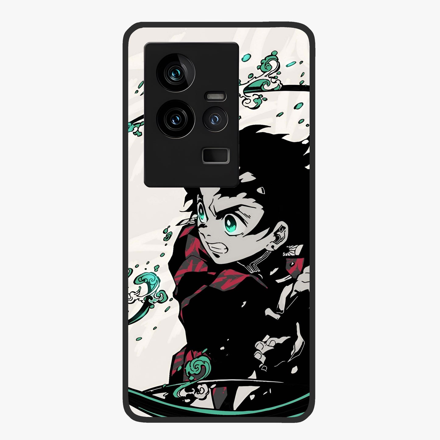 Demon Slayer Glass Case showing flat back view with bold anime inspired artwork and glossy glass finish.