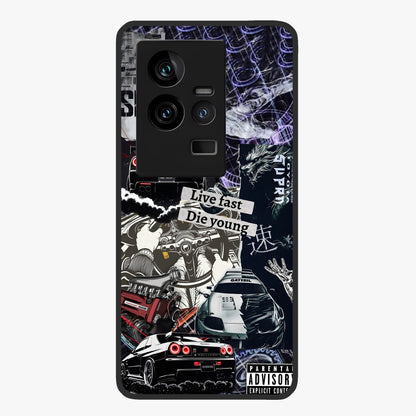 Die Young Glass Case showing flat back view with bold artistic typography design and glossy glass finish.