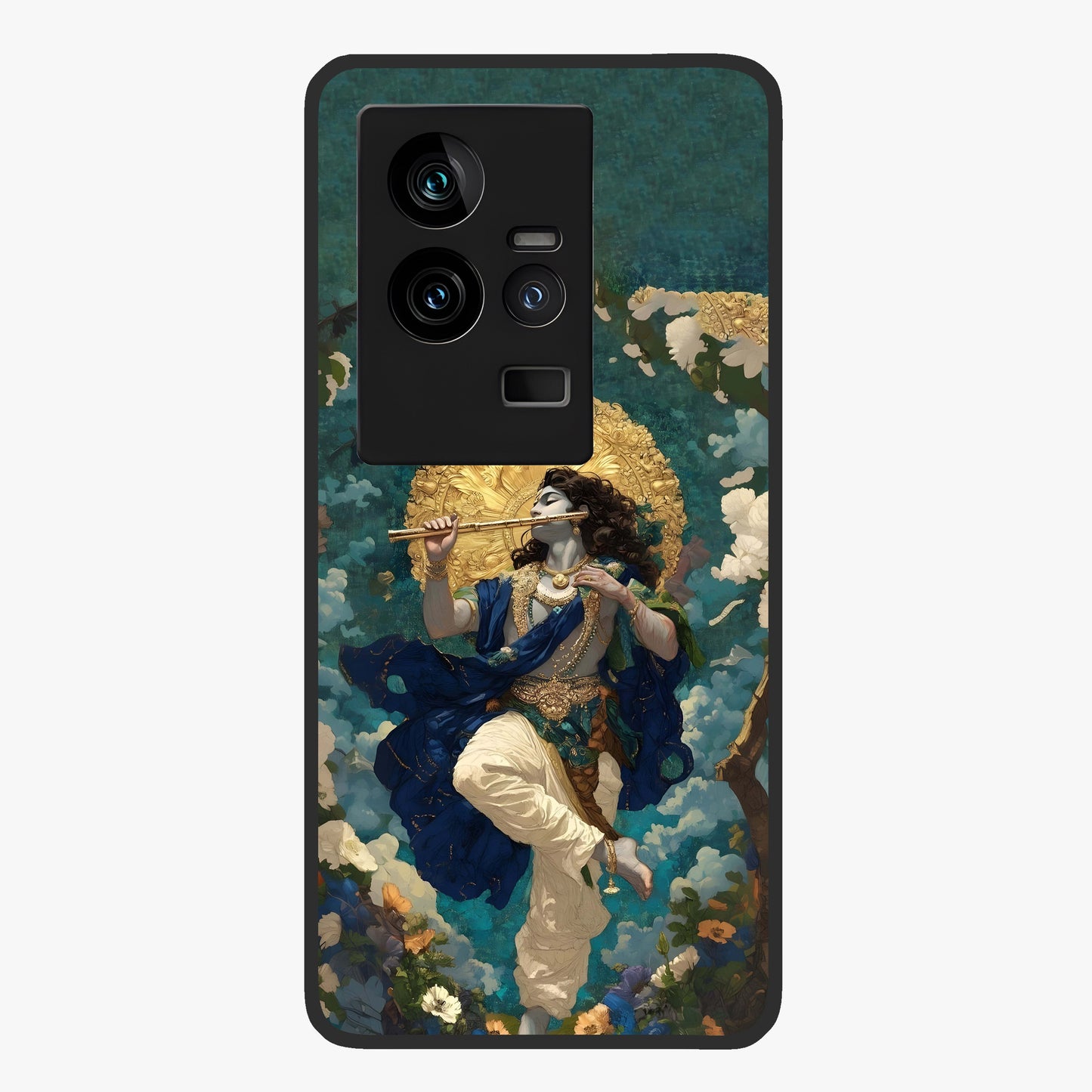 Divine Krishna Art Glass Case showing flat back view with Lord Krishna artwork and glossy glass finish.