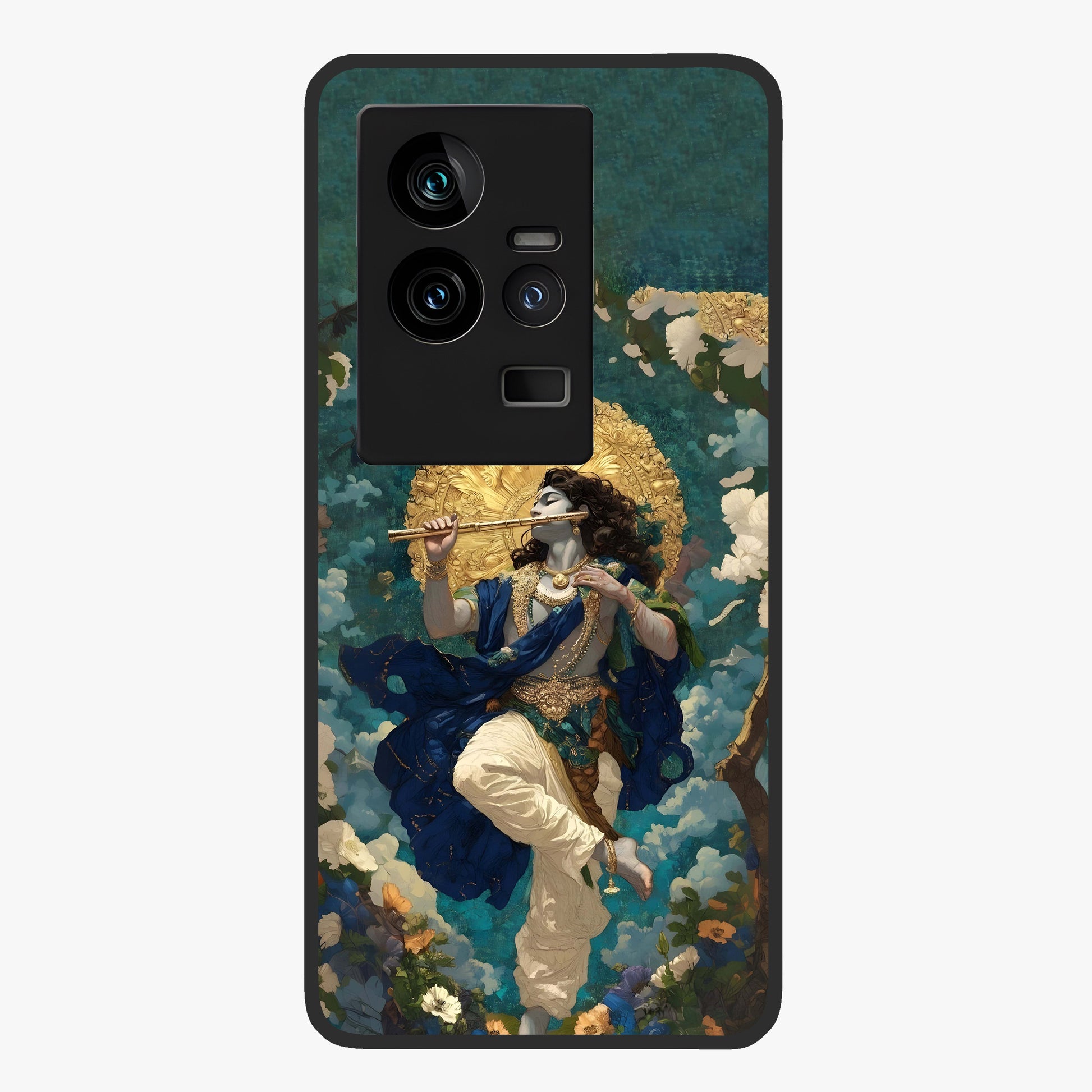 Divine Krishna Art Glass Case showing flat back view with Lord Krishna artwork and glossy glass finish.