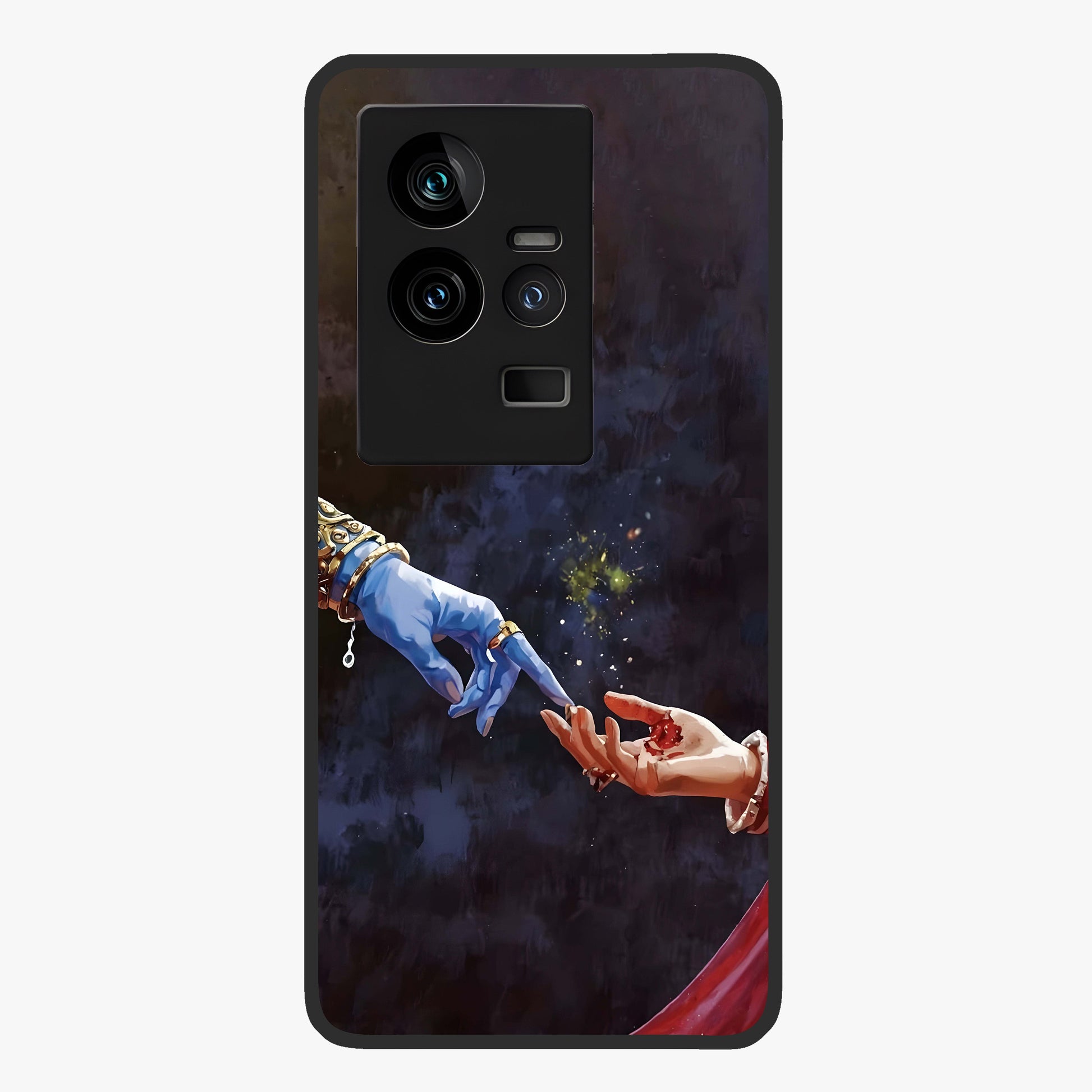 Divine Touch Eternal Glass Case showing flat back view with spiritual themed artwork and glossy glass finish.