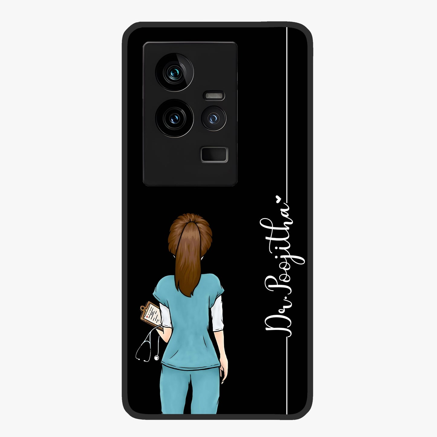 Doctor Pattern Custom Name Glass Case showing flat back view with medical themed pattern and personalized name design.