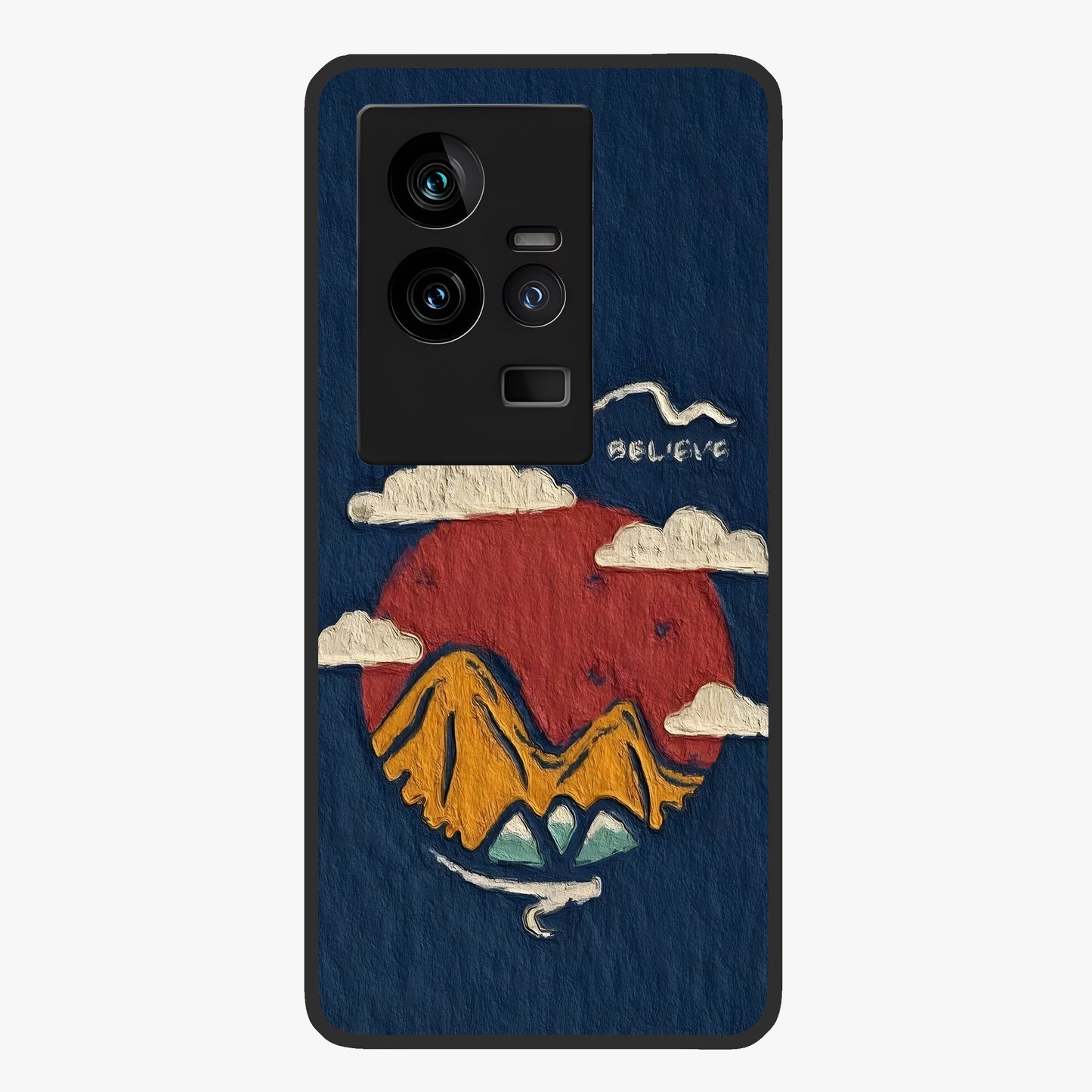 Dream Beyond Mountains Glass Case showing flat back view with scenic mountain landscape artwork and glossy glass finish.
