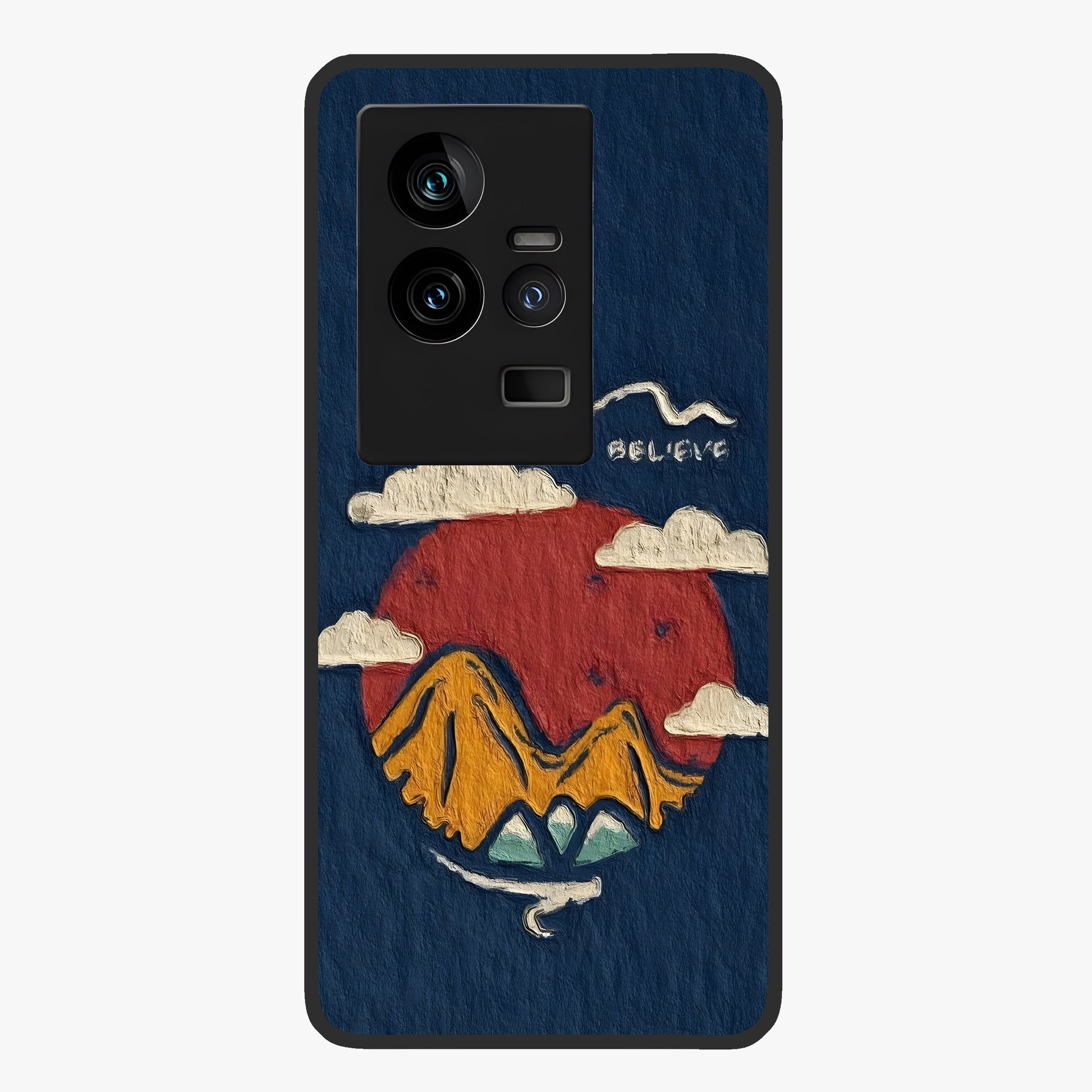 Dream Beyond Mountains Glass Case showing flat back view with scenic mountain landscape artwork and glossy glass finish.