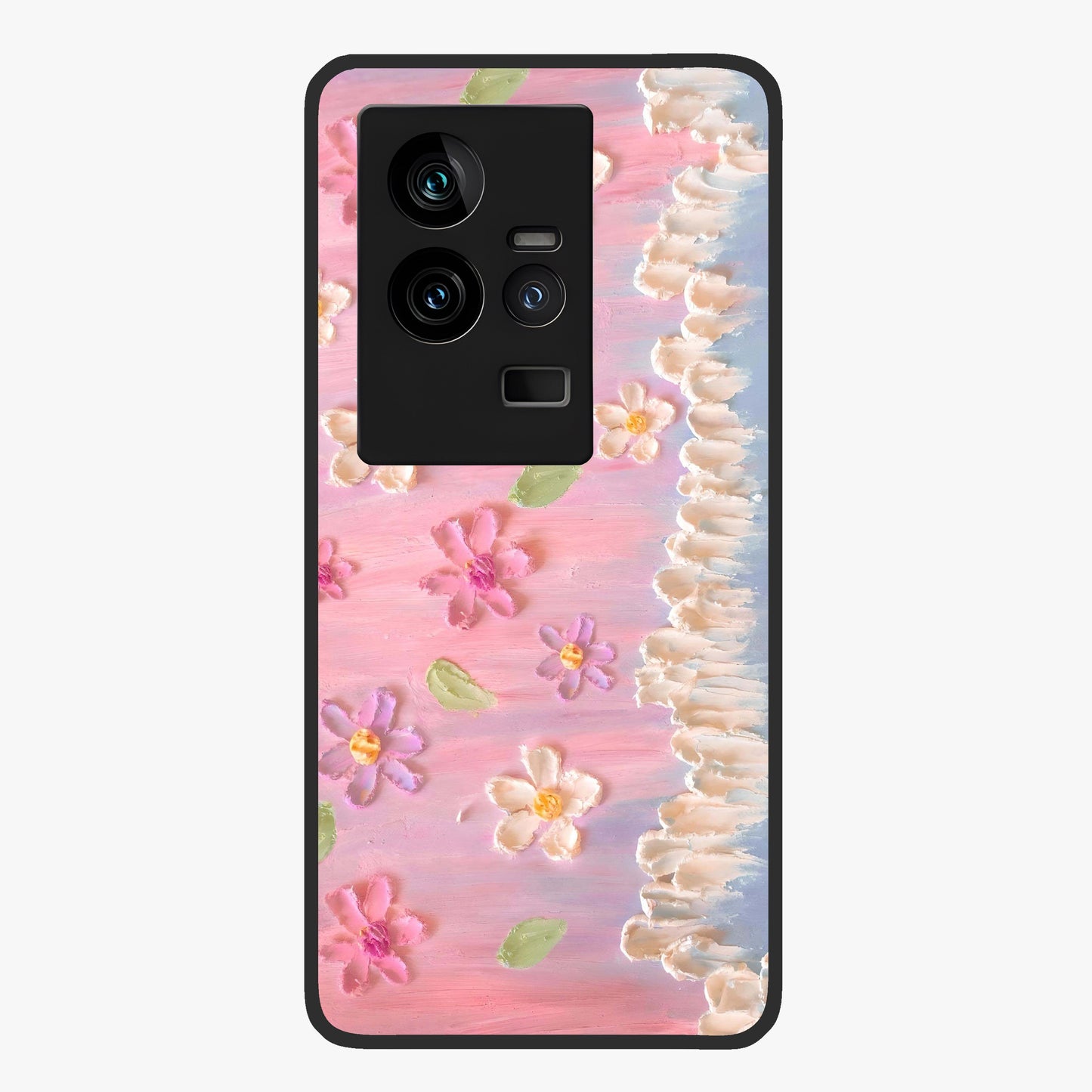Dreamy Painted Garden Glass Case showing flat back view with artistic painted floral garden artwork and glossy glass finish.