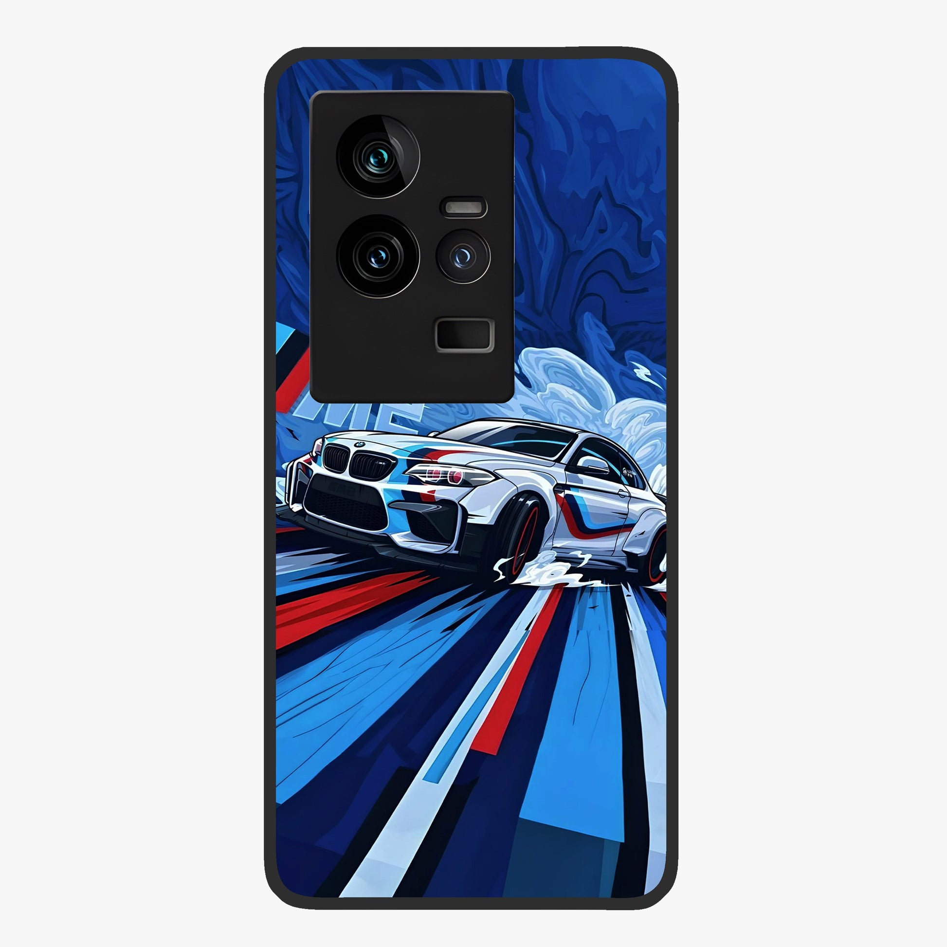 Drift Power Rush Glass Case showing flat back view with dynamic racing inspired artwork and glossy glass finish.