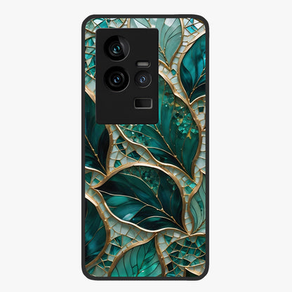 Emerald Leaf Glass Glass Case showing flat back view with emerald green leaf artwork and glossy glass finish.