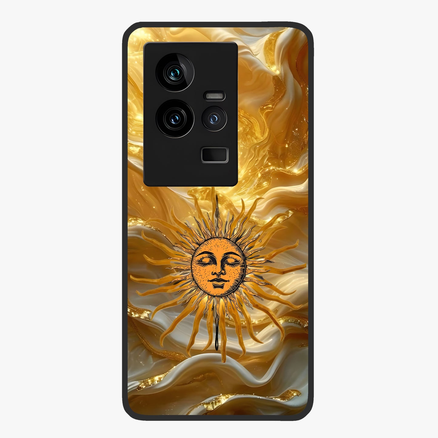 Eternal Golden Glow Glass Case showing flat back view with radiant golden themed artwork and glossy glass finish.