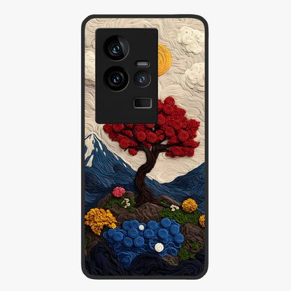 Eternal Nature Tapestry Glass Case showing flat back view with intricate nature tapestry artwork and glossy glass finish.