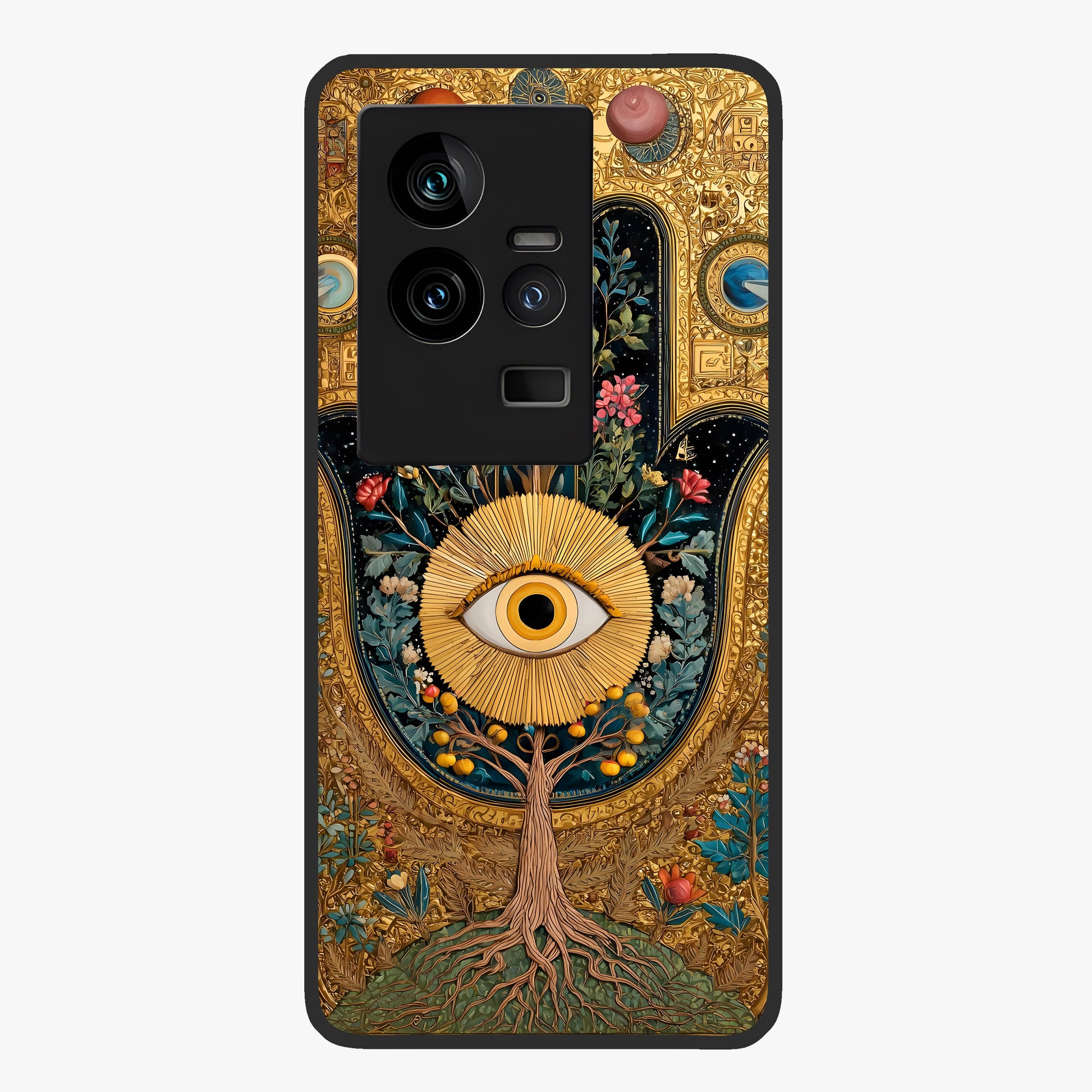 Ethereal Evil Eye Glass Case showing flat back view with mystical evil eye artwork and glossy glass finish.