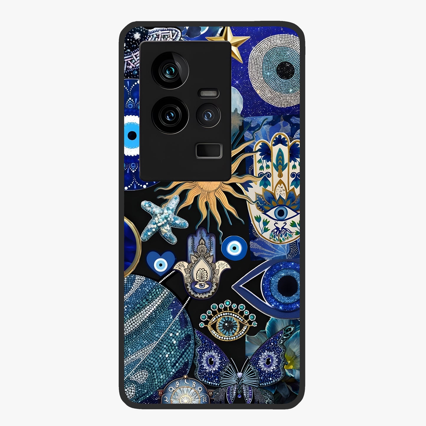 Evil Eye Charm Mix Glass Case showing flat back view with multiple evil eye charms artwork and glossy glass finish.