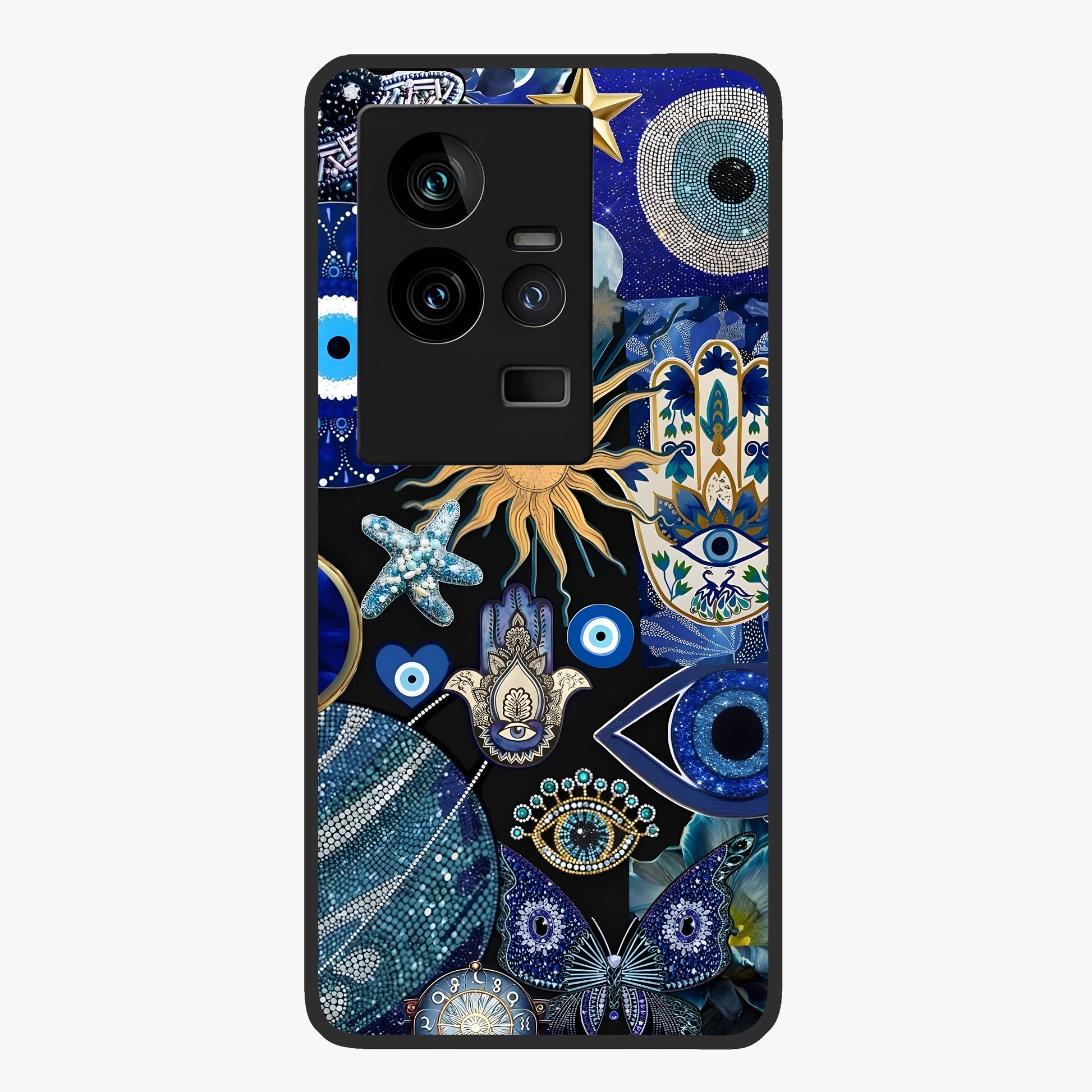 Evil Eye Charm Mix Glass Case showing flat back view with multiple evil eye charms artwork and glossy glass finish.