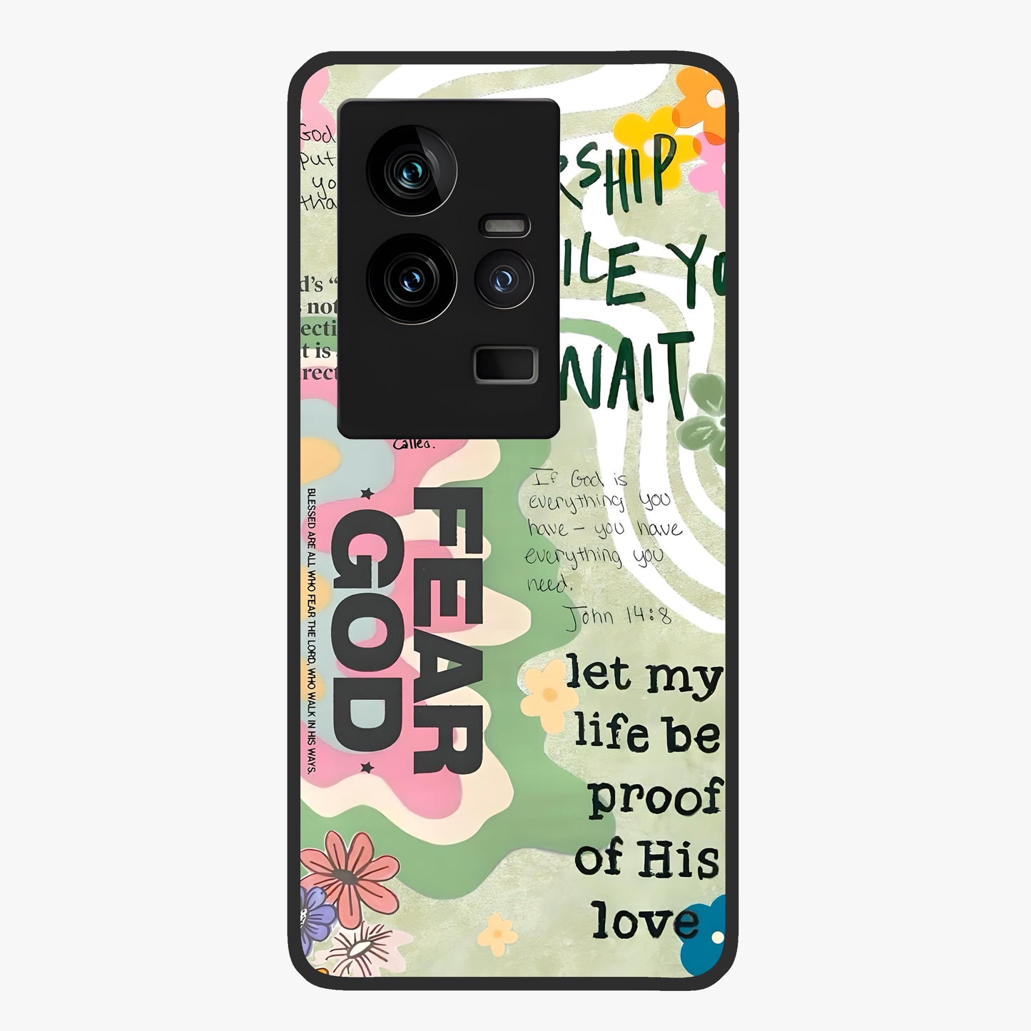Faith Over Fear Glass Case showing flat back view with motivational typography artwork and glossy glass finish.