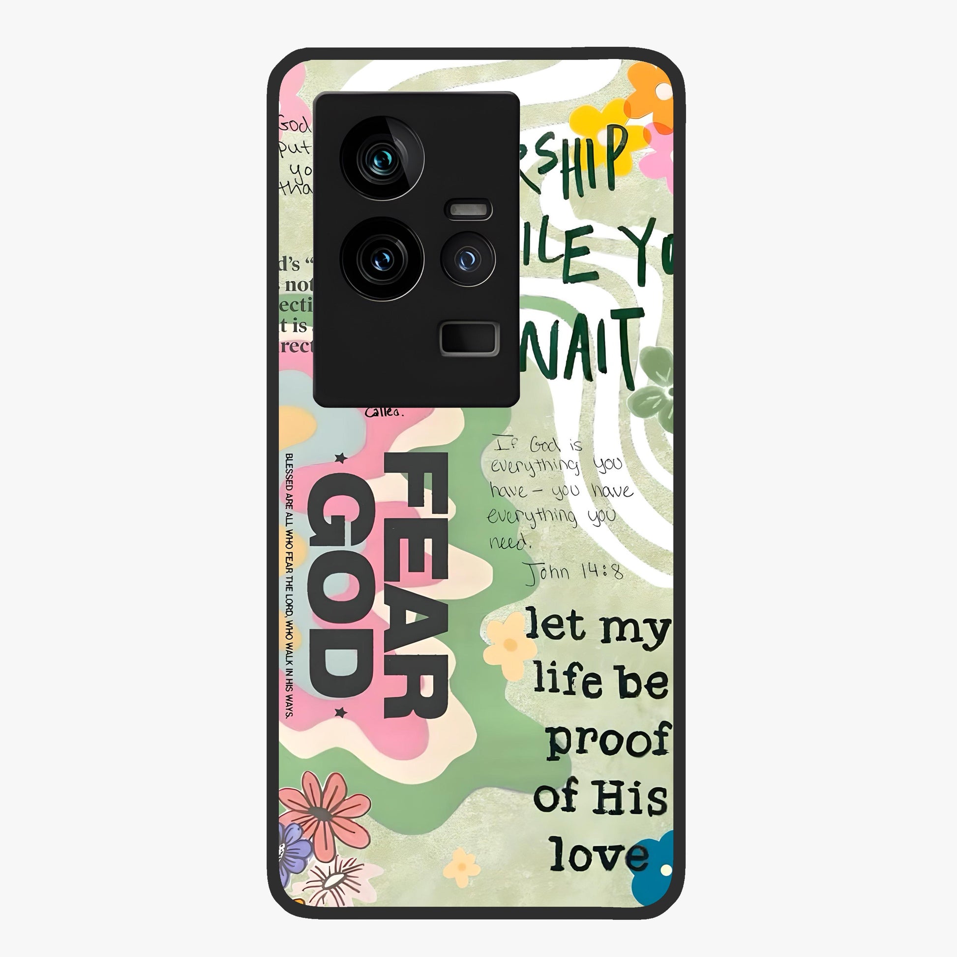 Faith Over Fear Glass Case showing flat back view with motivational typography artwork and glossy glass finish.