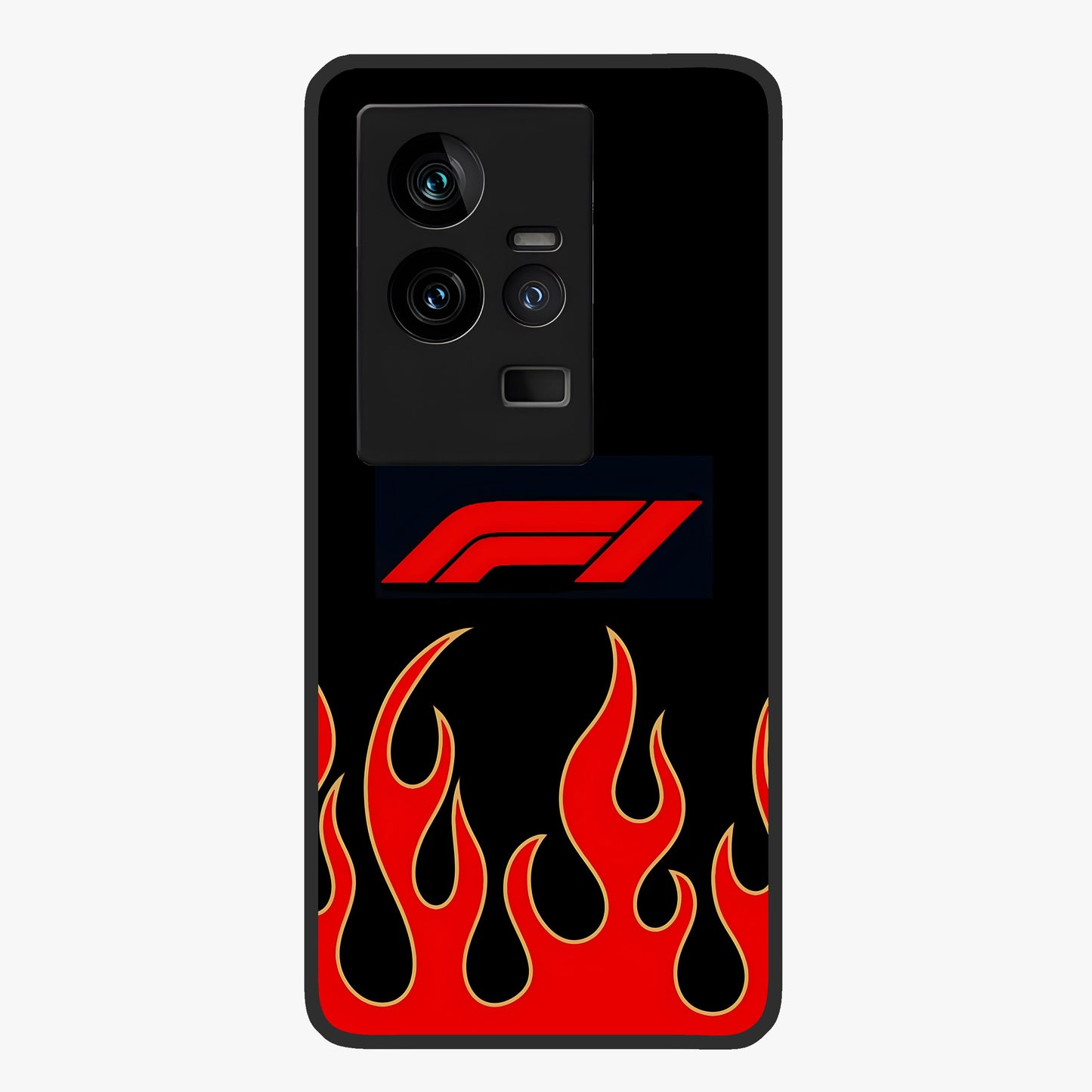 Fire F11 Glass Case showing flat back view with fiery themed artwork and glossy glass finish.