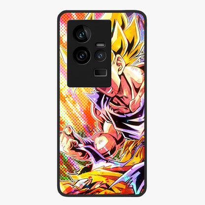 Firing Goku Glass Case showing flat back view with powerful anime inspired artwork and glossy glass finish.