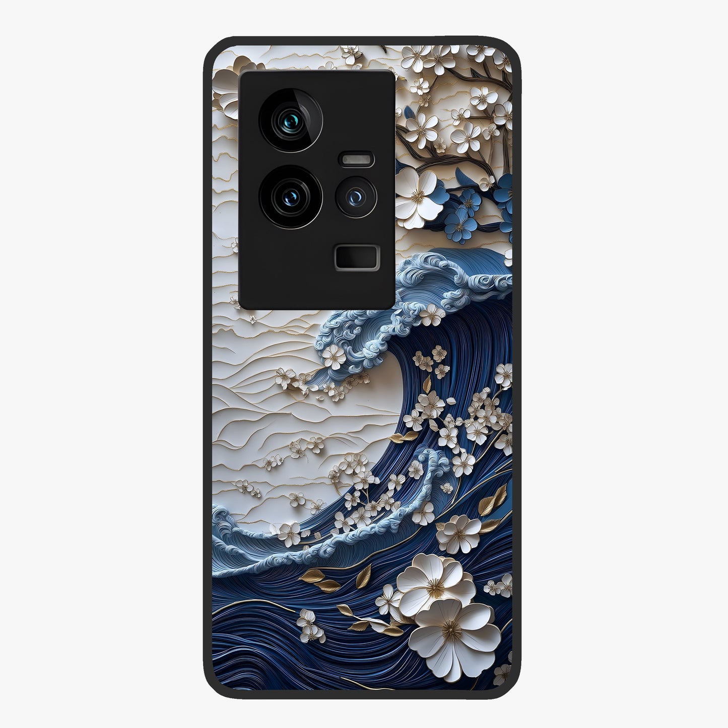 Floral Wave Origami Glass Case showing flat back view with origami inspired floral wave artwork and glossy glass finish.