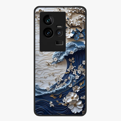 Floral Wave Origami Glass Case showing flat back view with origami inspired floral wave artwork and glossy glass finish.
