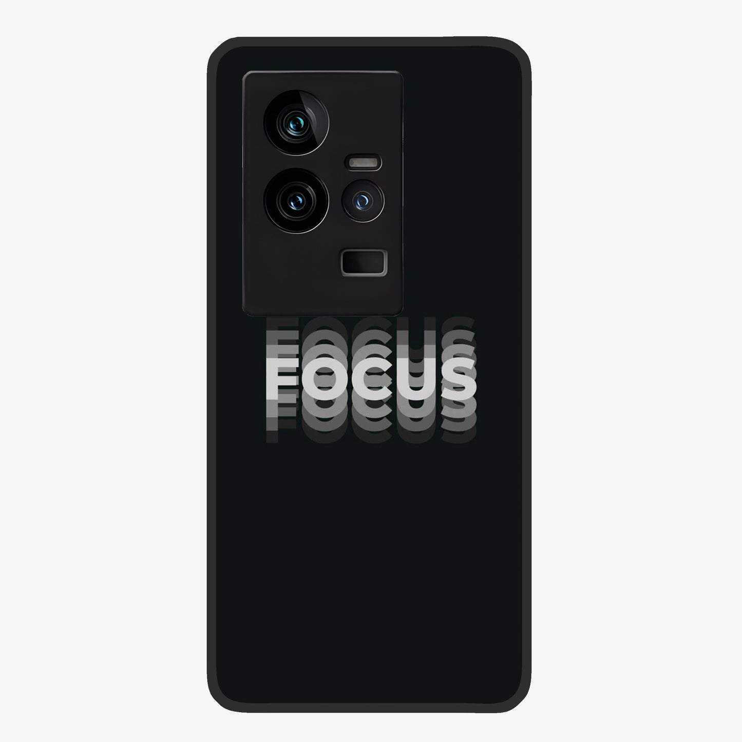 Focus Mode On Glass Case showing flat back view with bold motivational typography design and glossy glass finish.