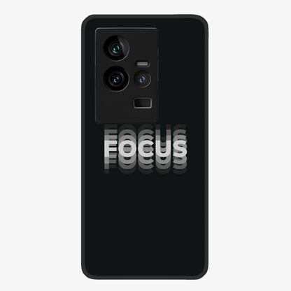 Focus Mode On Glass Case showing flat back view with bold motivational typography design and glossy glass finish.