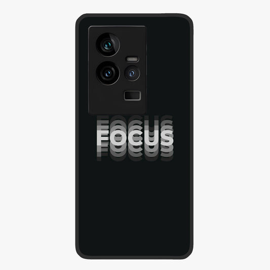Focus Mode On Glass Case showing flat back view with bold motivational typography design and glossy glass finish.