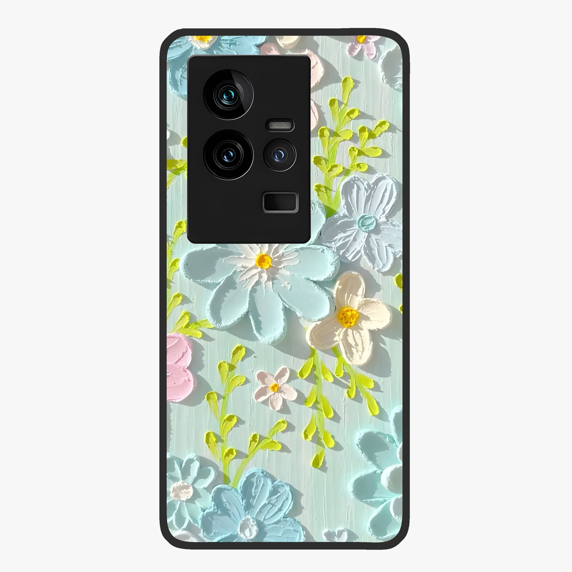 Frosted Petal Garden Glass Case showing flat back view with soft frosted floral artwork and glossy glass finish.