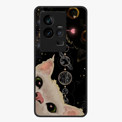 Galactic Cat Glass Case showing flat back view with cosmic cat artwork and glossy glass finish.