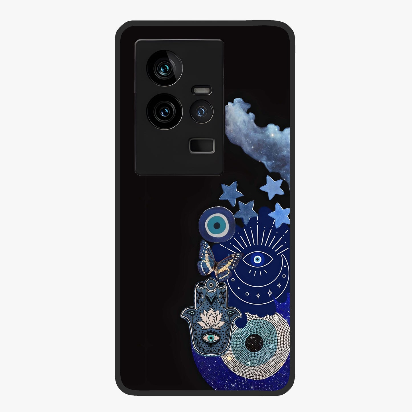 Galactic Charm Cluster Glass Case showing flat back view with glowing celestial charm artwork and glossy glass finish.