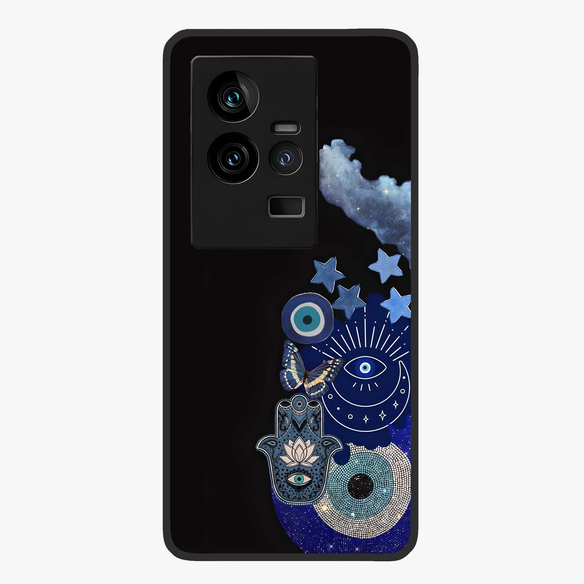 Galactic Charm Cluster Glass Case showing flat back view with glowing celestial charm artwork and glossy glass finish.