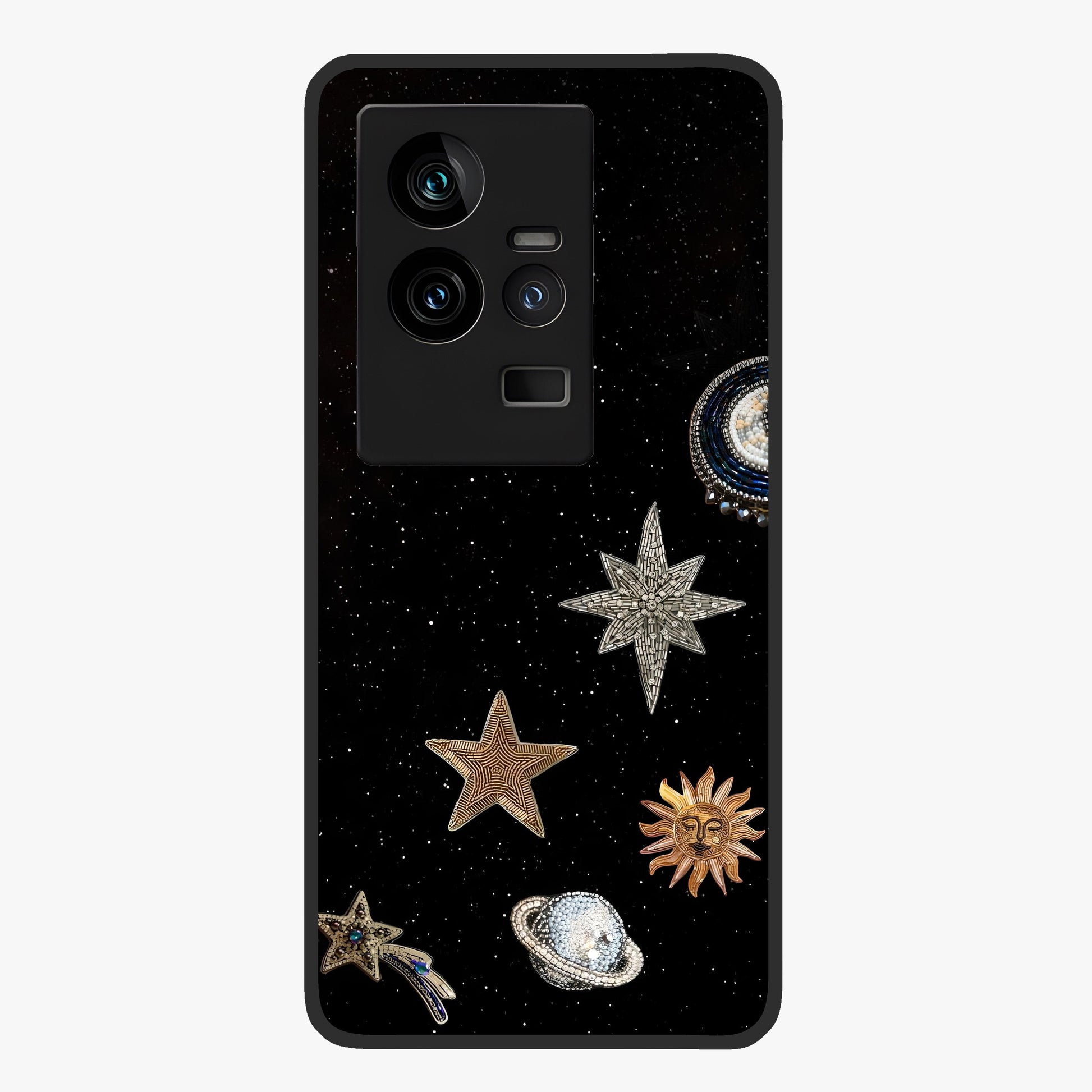 Galactic Charm Glow Glass Case showing flat back view with glowing celestial charm artwork and glossy glass finish.