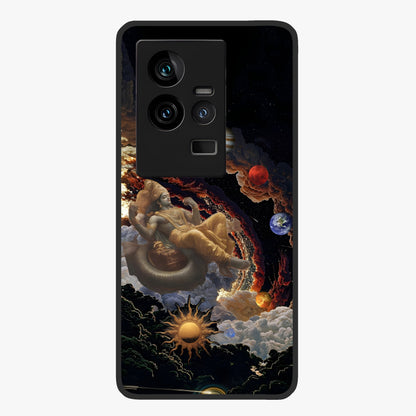 Galactic Divine God Glass Case showing flat back view with divine cosmic themed artwork and glossy glass finish.